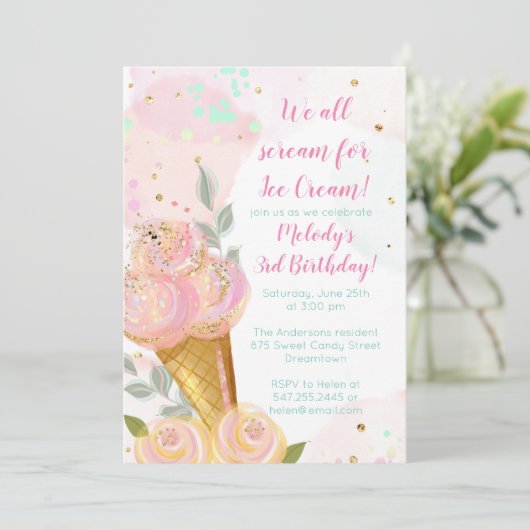 フローラガーリーアイスクリームウォーターカラーバースデーパーティー 招待状 (スタンド正面)