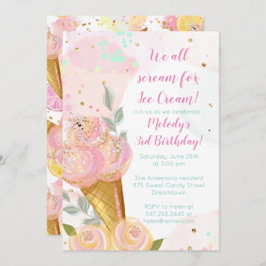 フローラガーリーアイスクリームウォーターカラーバースデーパーティー 招待状 (正面/裏面)