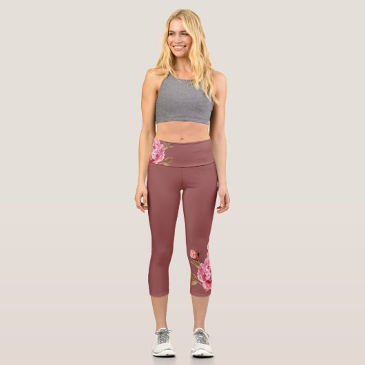 フローラガーリーダークほこりっぽいピンク高いウェイストキャプリス カプリレギンス (正面)