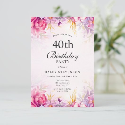 フローラガーリーパステルウォーターカラーシック40th誕生日 招待状 (スタンド正面)