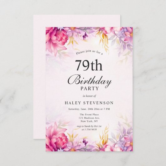 フローラガーリーパステルウォーターカラーシック79th誕生日 招待状 (正面/裏面)