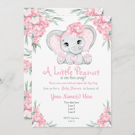 フローラガーリーピンクゾウ赤ちゃんシャワー招待状 招待状 (正面/裏面)