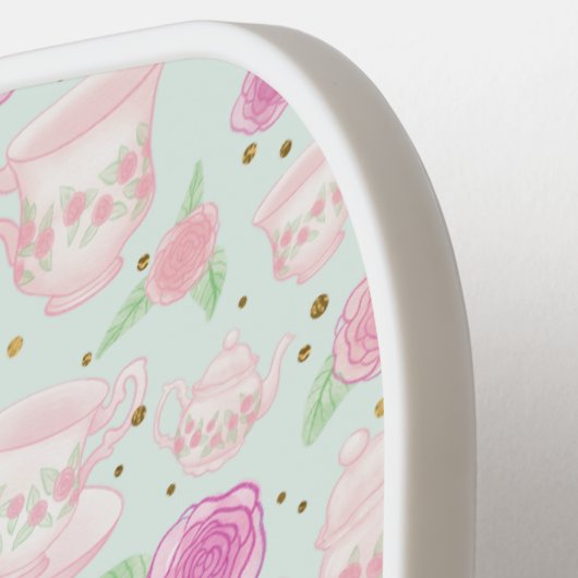 フローラガーリーピンクティーカップのパタパーソナライズされたーン ピックルボールラケット (左詳細)