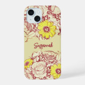 フローラガーリー名前をカスタムするイエローデイジーフラワー iPhone 15ケース (裏面)
