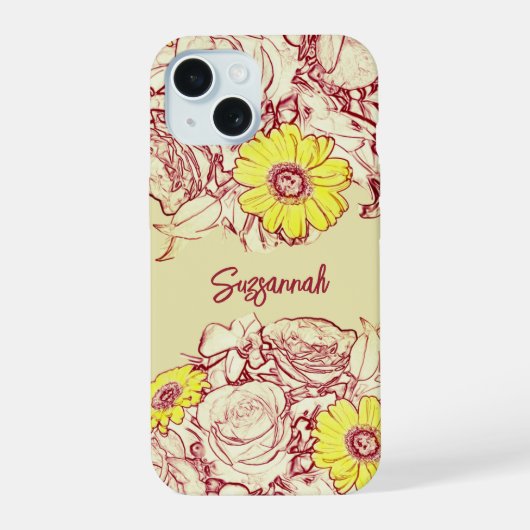 フローラガーリー名前をカスタムするイエローデイジーフラワー iPhone 15ケース (裏面)