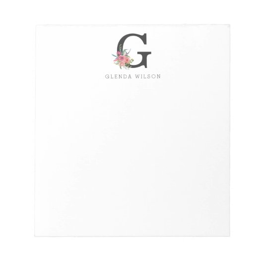 フローラガーリー水彩豊かなピンクのローズモノグラム ノートパッド (正面)