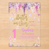 フローラガーリー藤金ゴールド蝶子供の誕生日 アクリル招待状 (正面)
