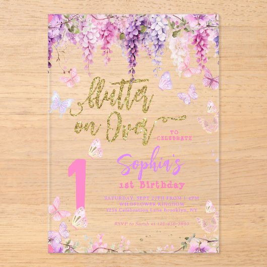 フローラガーリー藤金ゴールド蝶子供の誕生日 アクリル招待状 (正面)