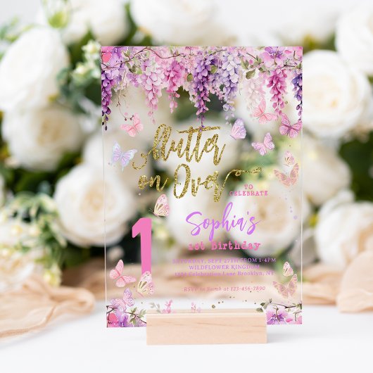 フローラガーリー藤金ゴールド蝶子供の誕生日 アクリル招待状