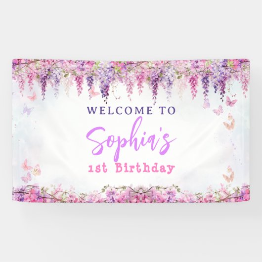 フローラガーリー藤金ゴールド蝶子供の誕生日 横断幕 (横)