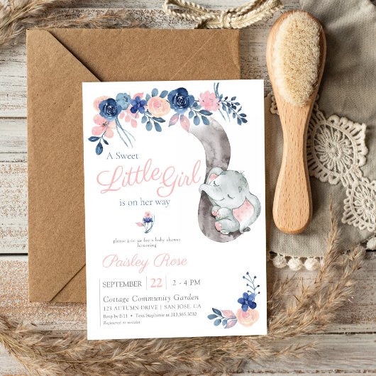 フローラガールエレファントネイビー赤面ベビーシャワー 招待状
