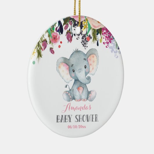 フローラガールエレファントベビーシャワーピンクとグレー セラミックオーナメント (右)
