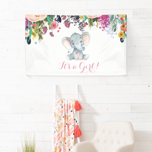 フローラガールエレファントベビーシャワーピンクとグレー 横断幕 (インサイチュ)