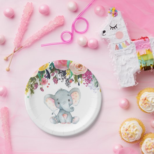 フローラガールエレファントベビーシャワーピンク紙プレート ペーパープレート (パーティー)