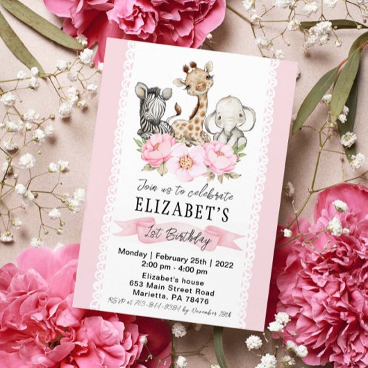 フローラガールサファリベビーアニマルズ誕生日 招待状