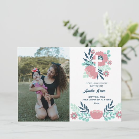 フローラガールフォトバプテスマ招待状- エレガント 招待状 (スタンド正面)