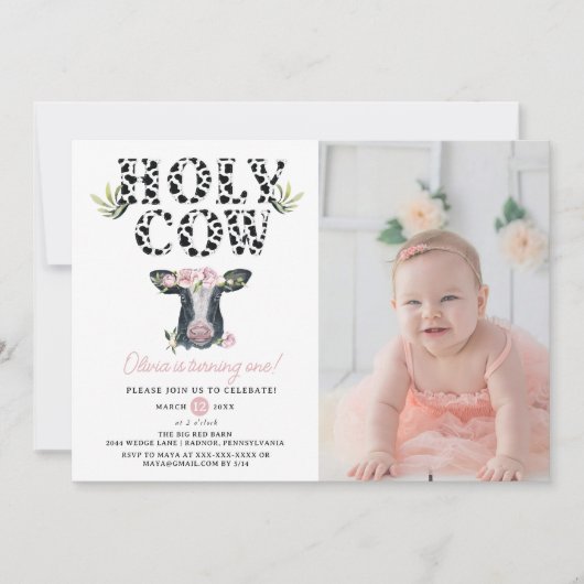 フローラガールホーリーカウファースト誕生日写真 招待状 (正面)