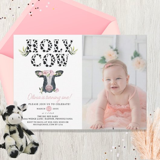 フローラガールホーリーカウファースト誕生日写真 招待状