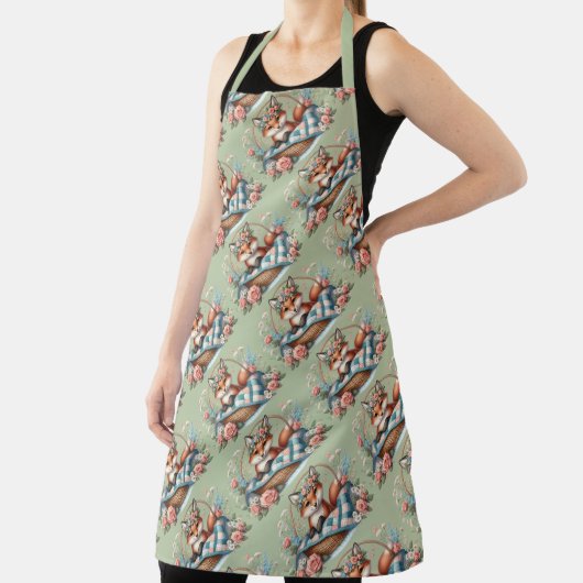 フローラキツネ入りカゴと花 エプロン (インサイチュ)
