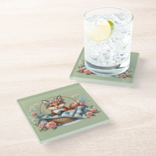 フローラキツネ入りカゴと花 ガラスコースター (アングル)