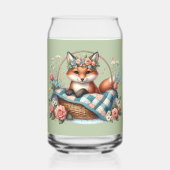 フローラキツネ入りカゴと花 ガラス缶 (正面)