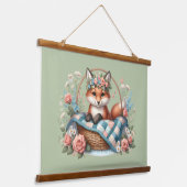フローラキツネ入りカゴと花 吊り下げ型タペストリー (傾斜あり)