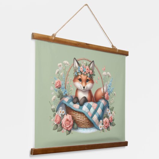 フローラキツネ入りカゴと花 吊り下げ型タペストリー (傾斜あり)