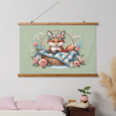 フローラキツネ入りカゴと花 吊り下げ型タペストリー (寝室)