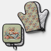 フローラキツネ入りカゴと花 鍋つかみ&鍋敷きセット (正面/裏面)