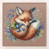 フローラキツネ植物木版画 ガラスコースター (正面)