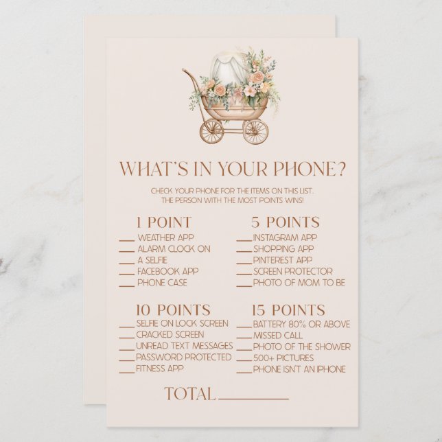 フローラキャリッジあなたの携帯電話の赤ちゃんシャワーゲーム (正面/裏面)