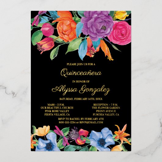 フローラキンセアニェラとマスフィエスタフラワー&金ゴールド 箔招待状 (正面)