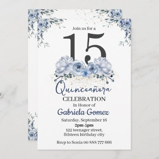 フローラキンセアニェラダスティブルー15誕生日 招待状 (正面/裏面)