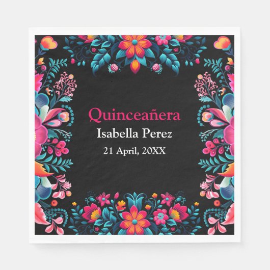 フローラキンセアニェラブラックメキシコフェスタ誕生日 スタンダードランチョンナプキン (正面)