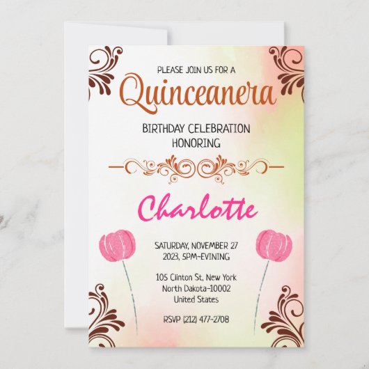 フローラキンセアニェラ15th誕生日フォースペインのガール 招待状 (正面)