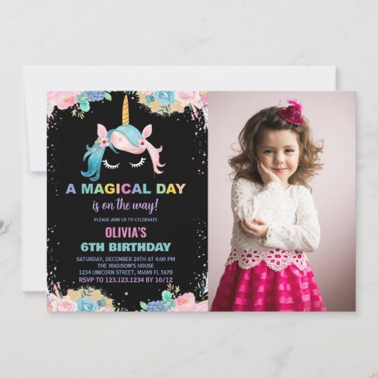 フローラギルターUnicorn誕生日招待状写真 招待状 (正面)