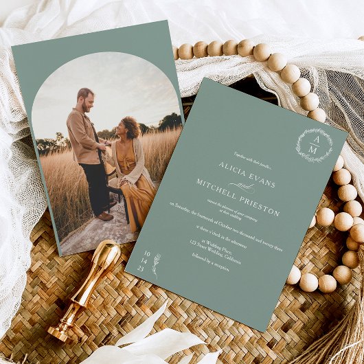 フローラクラシックセージグリーンモノグラム結婚アーチ 招待状