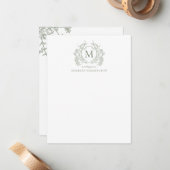 フローラクラシックセージグリーンヴィンテージクレストモノグラム ノートカード (正面/裏面インサイチュ)