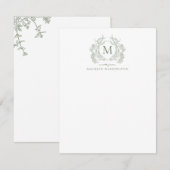 フローラクラシックセージグリーンヴィンテージクレストモノグラム ノートカード (正面/裏面)