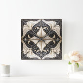 フローラクラシックタイルPat#11ブラックアイボリーWht ID1078 スクエア壁時計 (ホーム)