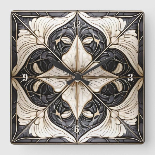 フローラクラシックタイルPat#11ブラックアイボリーWht ID1078 スクエア壁時計 (正面)