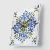 フローラクラシックタイルPat#13青緑ID1078 スクエア壁時計 (傾斜)