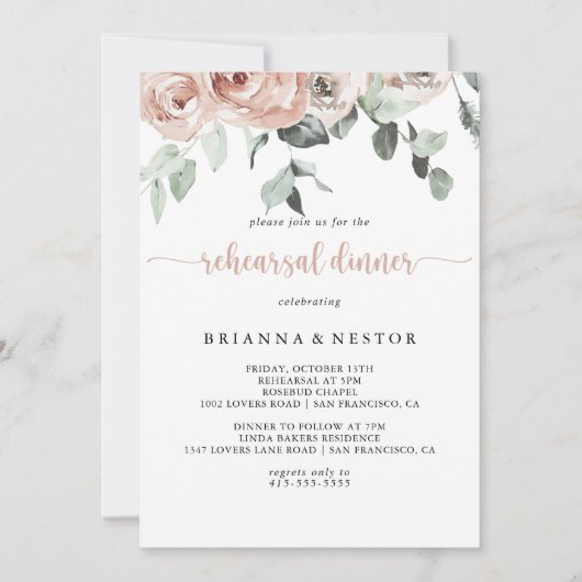 フローラクラシックダスティピンクローズリハーサルディナー 招待状 (正面)