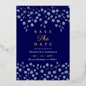 フローラクラシックネイビー金ゴールド結婚式の日付を保存 箔招待状 (正面)