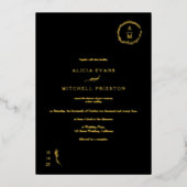 フローラクラシックブラックモノグラム結婚アーチ 箔招待状 (正面)