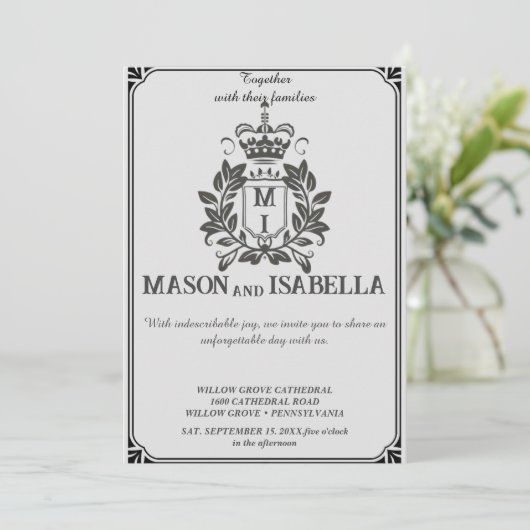 フローラクラシックモノグラムクレスト結婚式招待状。 招待状 (スタンド正面)