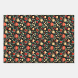 フローラクリスマスシックパターンレッドグリーン金ゴールド ラッピングペーパーシート