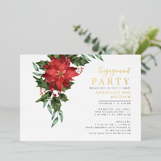 フローラクリスマスホリデー婚約パーティ金ゴールド 箔招待状 (立ち正面)