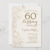 フローラクリーム金ゴールド写真60th誕生日パーティー 招待状 (正面)