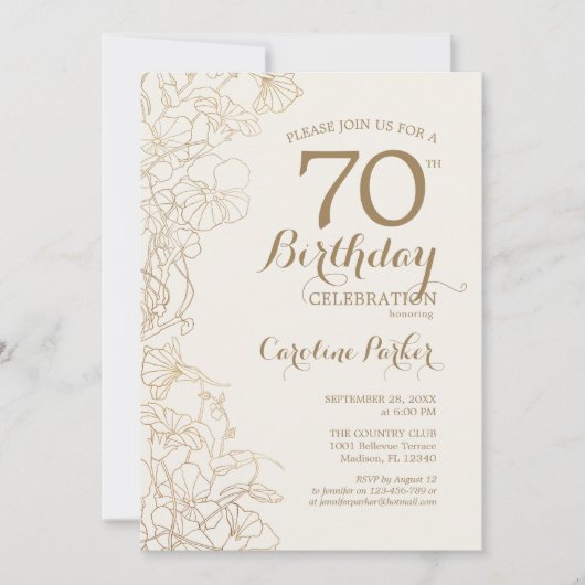 フローラクリーム金ゴールド写真70th誕生日パーティー 招待状 (正面)